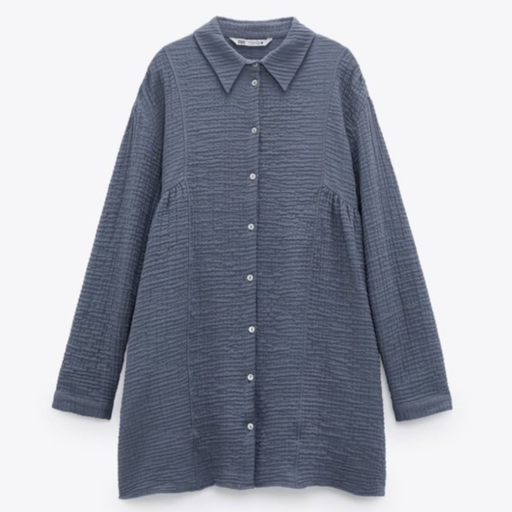 Zara Gauzy Cotton Textured Button Front Longline Tunic Babydoll Shirt Mini Dress